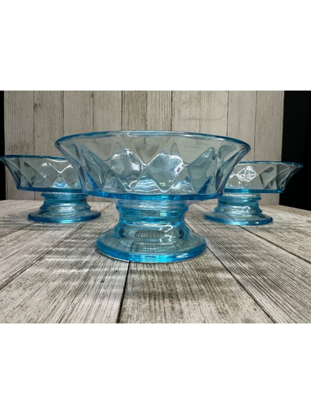 Vtg Pedestal Dessert Bowls Bryce Style Diamond Pattern Aqua Blue 4.5" DIA Set 4